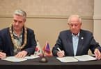 Le responsable pays de Visa, M. Patrick Storey, et le président-directeur général de GVB, M. Carl TC Gutierrez, ont signé un protocole d'accord le 13 mars 2024 à Tumon, Guam. Photo gracieuseté du Marianas Business Journal. – image gracieuseté de GVB