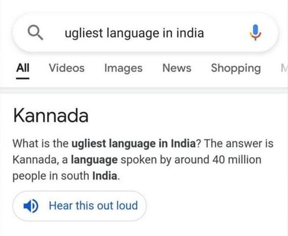 Google: Miala tsiny izahay fa tsy ny fiteny Kannada no 'ratsy indrindra any India'
