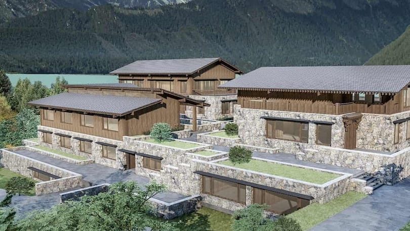 近々建設予定のソンツァム リンカ リトリート バソンツォ湖の 3D 建築レンダリング 画像提供: Songtsam | eTurboNews | | eTN