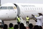 Water salute welcomes Uganda Airlines inaugural flight at Nairobi Airport