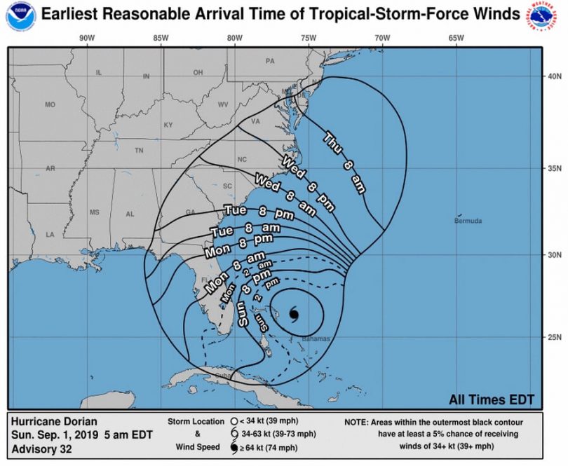 तूफान डोरियन: घड़ियों और प्रभाव में चेतावनी