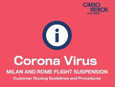 Афіцыйнае паведамленне авіякампаніі "Каба-Вэрдэ": прыпыненне палёту ў Італію з-за каранавірусу COVID-19