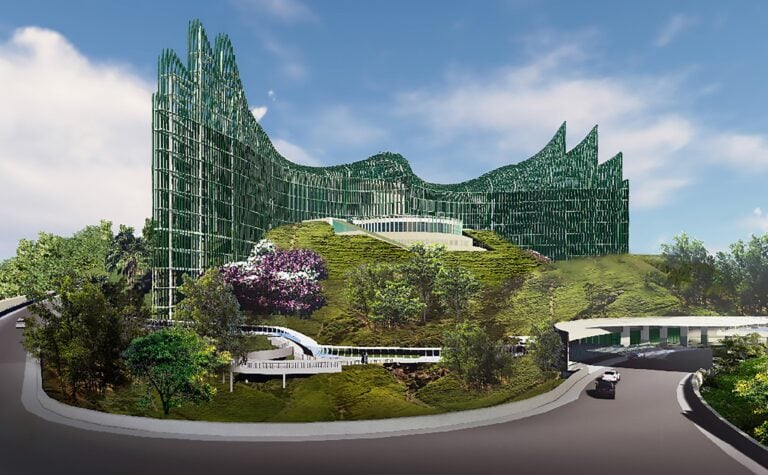 תמונה שנוצרה על ידי מחשב שפורסם על ידי ניומן נוארטה המציגה את עיצוב הארמון הנשיאותי העתידי של אינדונזיה בבירתה החדשה במזרח קלימנטן