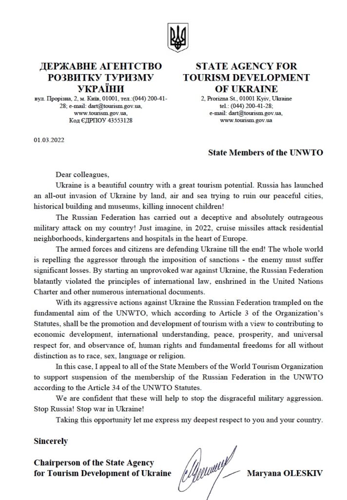 , Appel officiel du gouvernement ukrainien à tous UNWTO États membres, eTurboNews | ETN